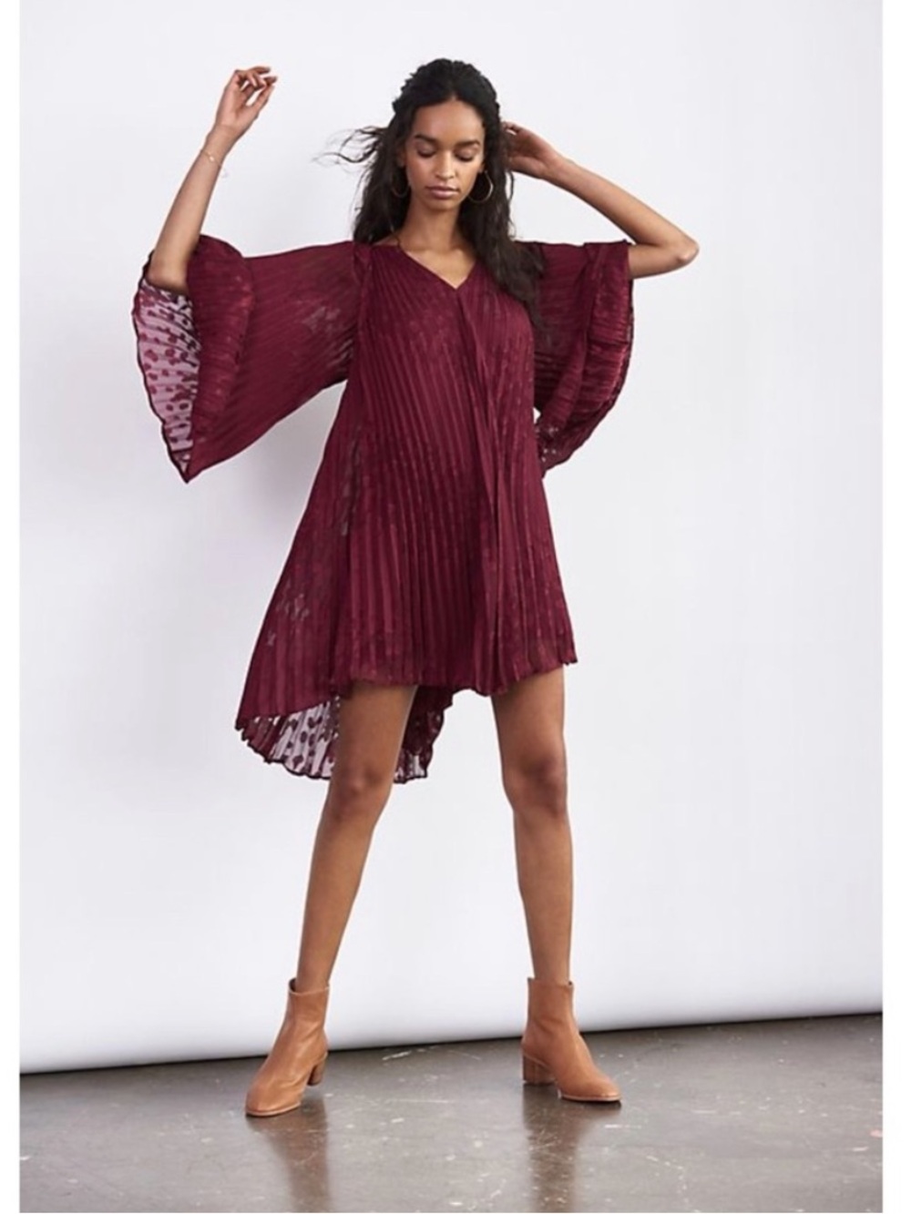 Anthropologie NEW Toulan Pleated Burgundy Mini Dress Boho Womens M Bohemian